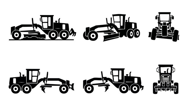 Motor Grader Construction Vehicle Icons Set, Heavy Machinery Silhouettes for Road Building and Infrastructure Development, Industrial Equipment Vector Collection in Flat Black Design for Engineering P