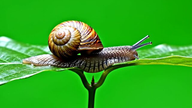 Detailed Close-Up Of A Snail Resting On A Green Leaf Against A Solid Green Background, Showcasing Its Spiraled Shell Patterns And Leaf Texture