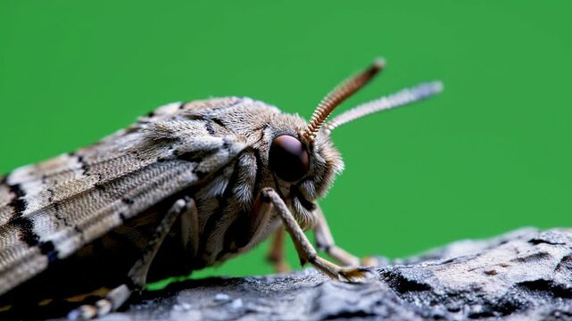 Detailed Close-Up of Moth Resting on Wood with Vibrant Green Background Ideal for Nature and Insect Projects
