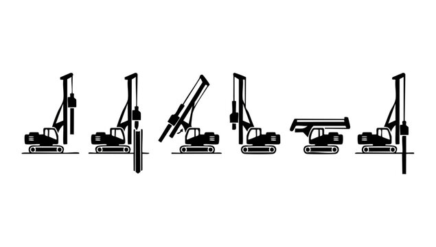 Piling Rig Machine Icon Set, Foundation Drilling Equipment Vector Symbols for Construction Industry, Industrial Heavy Machinery Silhouettes for Site Development Projects and Civil Engineering Technica