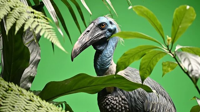 Exotic Bird With Vibrant Blue Features Peering Through Lush Green Foliage On Green Screen Background Ideal For Visual Effects