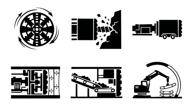 Tunnel Boring Machine Icons Set, TBM Construction Heavy Machinery Equipment Symbols, Underground Excavation Boring System for Civil Engineering Infrastructure Projects and Mining Development Operation
