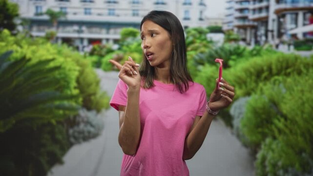 Thai woman holds a pink razor in one hand and points finger with the other while standing on a street lined with buildings, expression skeptical; personal care skepticism.