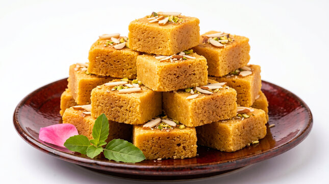 Indian Gujarati traditional home made festival Sweet Mysore Pak for offering to god, consumed during Hindu festival, weddings, social occasion, party food in plate in white background  