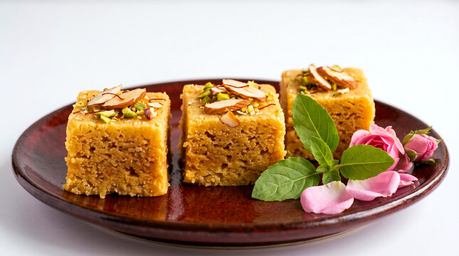 Indian Gujarati traditional home made festival Sweet Mysore Pak for offering to god, consumed during Hindu festival, weddings, social occasion, party food in plate in white background  