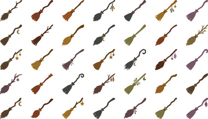 Set of 30 flying witch brooms, halloween magic brooms, fall season brooms © Mofajjol