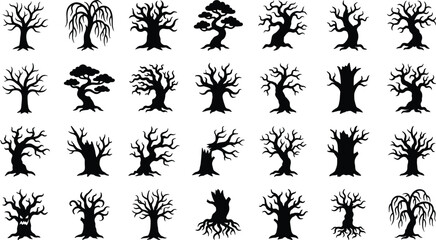 Set of 30 scary creepy trees, halloween forest trees, dark bare branch trees © Mofajjol