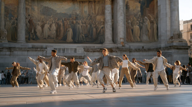 Multicultural group of street dancers rehearsing a flash mob tribute performance in front of a monumental political mural in a busy urban backdrop, choreography mirroring the painted figures above t