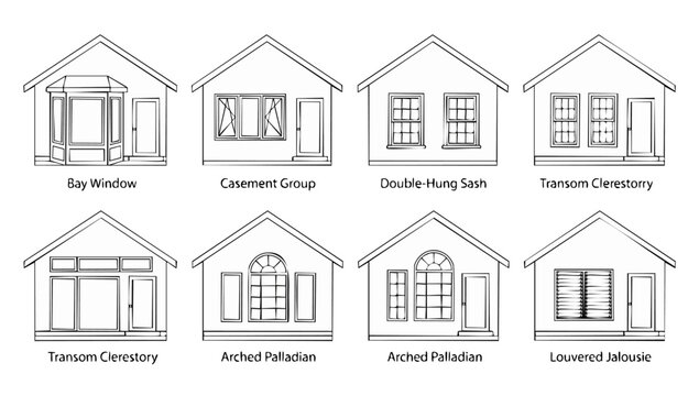 Window Types Architecture Collection Line Art Icons for Home Design Projects, Showing Various Styles Like Bay, Casement, Double-Hung, Transom, Palladian, and Louvered Jalousie Windows in a Technical D