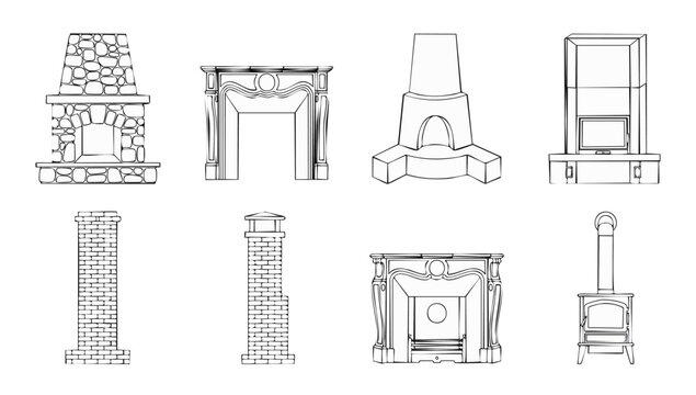 Fireplace Icons Set Collection, Outline Style Hearth and Chimney Illustrations for Interior Design Projects, Vector Graphics Featuring Stone Masonry, Classic Mantels, Modern Stove, and Traditional Bri