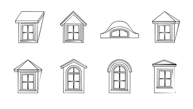 Dormer Window Set Architectural Collection Icon Design, Roof Construction Details Sketch, Classic House Exterior Elements for Building Blueprint Drafting and Residential Infrastructure Planning Illust