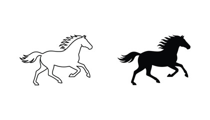 Fototapeta premium Running horse icon set featuring elegant equine silhouette in both clean outline and solid black filled styles for sports and equestrian branding isolated on white background