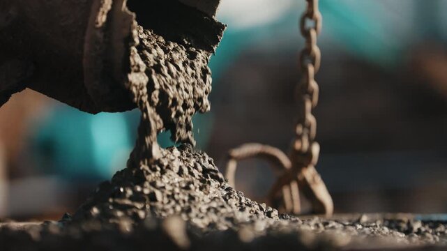 Pouring wet concrete mix from chute at construction site close up