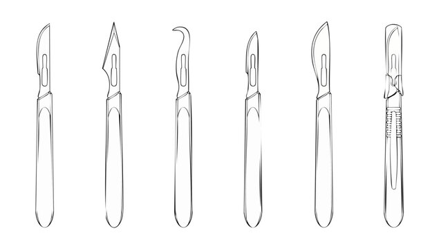 Surgical Scalpel Blade Collection Set, Medical Steel Instruments for Surgery, Precision Cutting Tools for Hospital Operation, Professional Healthcare Equipment Icons on Isolated White Background Outli
