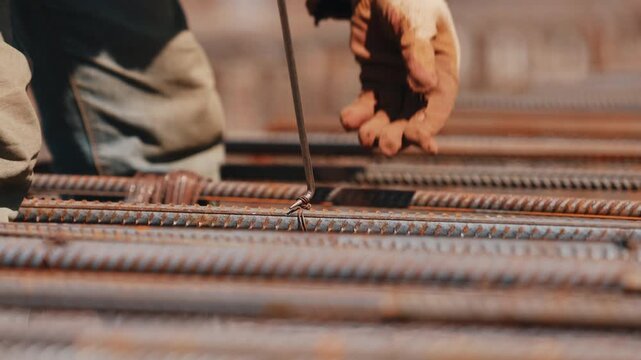Worker tying steel rebar with wire on reinforcement grid close up