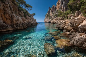 Obraz premium Serene coastal cove with crystal-clear turquoise waters