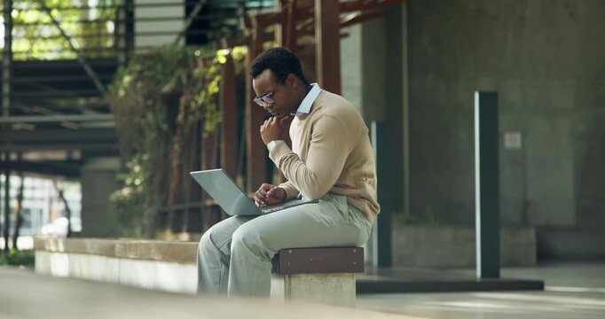 Thinking, review or businessman with laptop in city, upload property listing or residence description. Research, African realtor or pc for real estate market insight, planning or open house schedule
