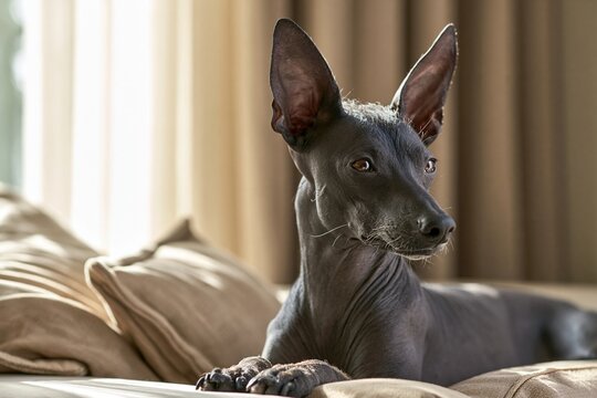 Xoloitzcuintli dog resting on a couch in a sunlit room