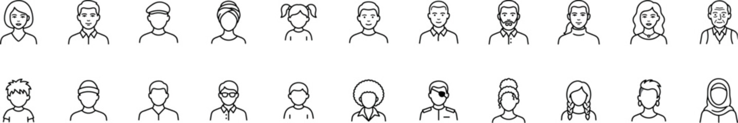 Fototapeta premium People avatar icon set, profile picture collection of diverse men and women faces, linear vector human character portraits on transparent background