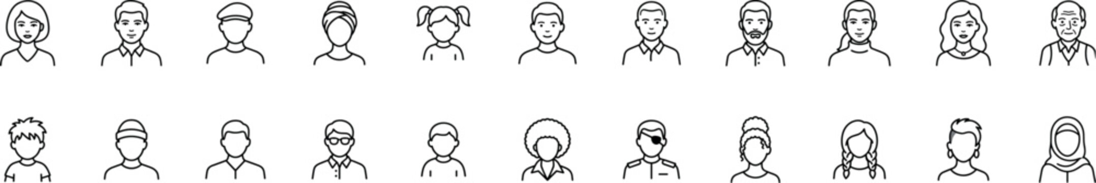 People avatar icon set, profile picture collection of diverse men and women faces, linear vector human character portraits on transparent background