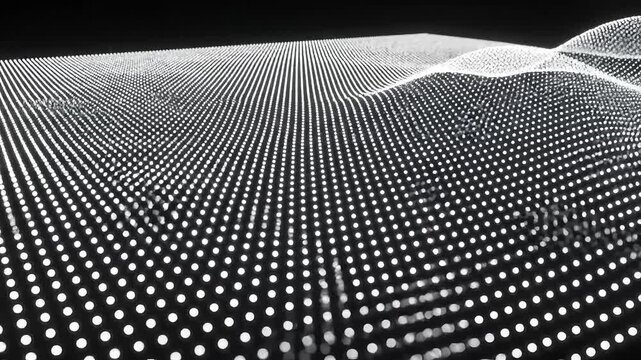 Futuristic dot wave pattern, black background, white dots, digital design element, technology motion graphics