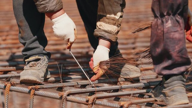 Worker tying steel rebar grid with wire bundle during construction close up