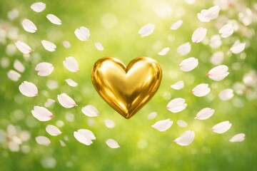 Fototapeta premium Golden heart floats in the air as white petals fall around it in a lush, green environment with bright sunlight shining down.
