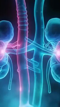 Vertical video: Camera rotating kidney pair revealing renal vessels in 3D scene, emphasizing hila