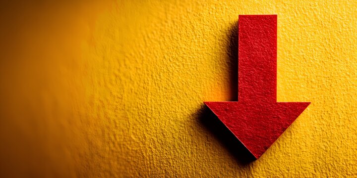 A textured gold background dramatically displays a bold red arrow pointing downwards, conveying decline and financial loss effectively.