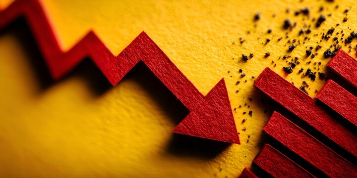 The stark red arrow dramatically falls on a yellow textured surface, symbolizing market decline and economic downturn, with dark specks.