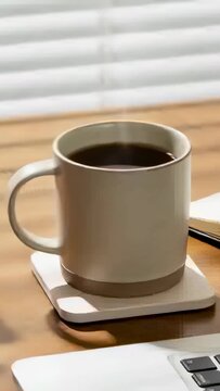 Vertical video: Touching left hand in long-sleeve adjusting grip, lifting mug at desk toward laptop