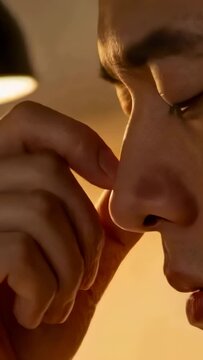 Vertical video: Touching man pressing right hand on nostril near desk lamp, sensing itch repeatedly