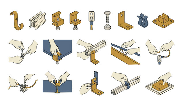 Solar Mounting Hardware Components Installation Guide, Isometric Parts and Hands Assembling Photovoltaic Racking Systems, Industrial Engineering Technical Icons and Instructional Diagrams for Solar En