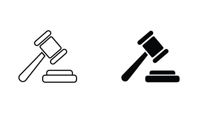 Judge gavel legal authority tool outline and solid black silhouette icon set for justice and law design