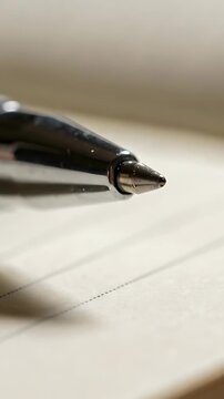 Vertical video: Focus shifting causing ballpoint pen tip moving minutely on ruled paper at desk set