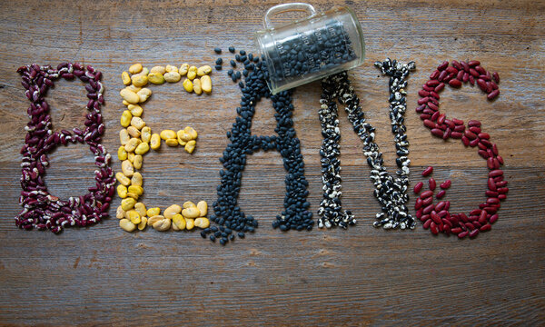 "Beans" spelled out with dried beans