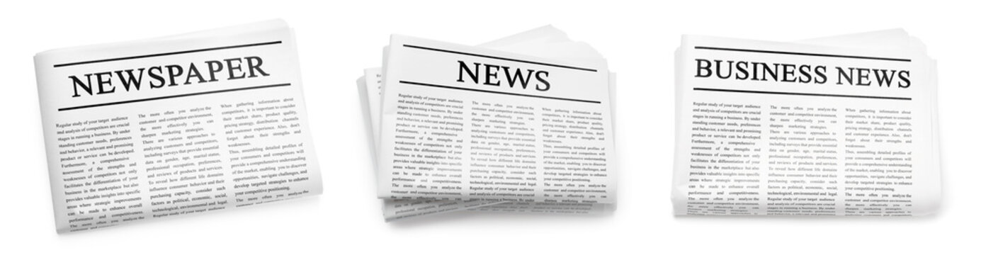 Newspapers isolated on white, set. Printed publication