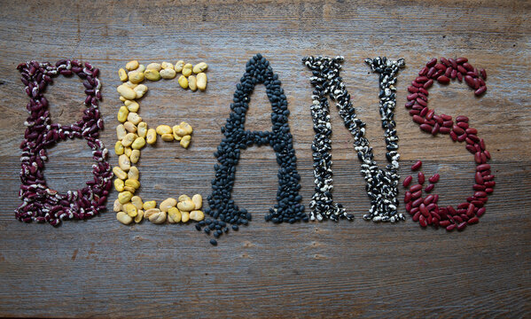 "Beans" spelled out with dried beans 
