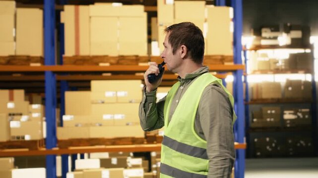 Giving instructions over walkie-talkie, industrial worker, for colleague to move cargo packages, radio communication enhances operational efficiency across storage facility shipment.