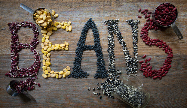 "Beans" spelled out with dried beans