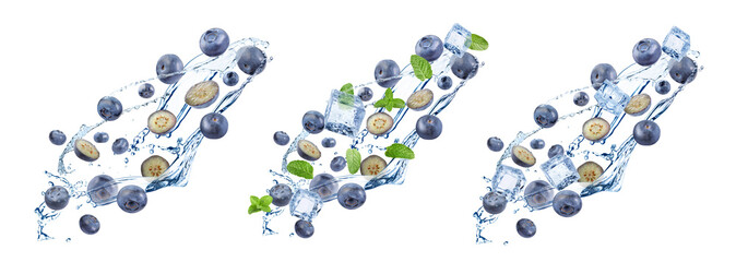 Fototapeta premium Fresh blueberries and water splashes in air on white background, set