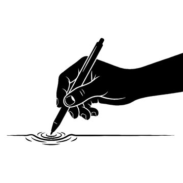 Hand holding pen making water ripple.