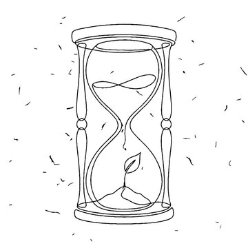 Hourglass with sand and leaf inside.