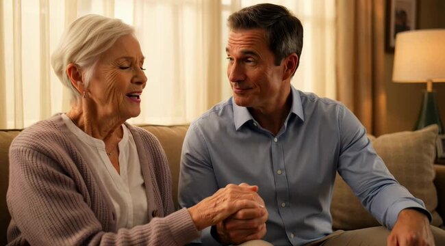 Adult son caring for elderly mother on sofa at home. Caring offspring holding hand of senior woman during Mother Day visit. Family affection and love concept.