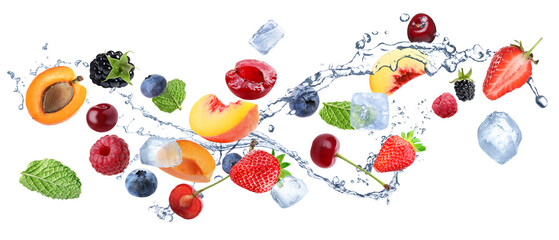 Fresh fruits, water splash and ice cubes in air against white background