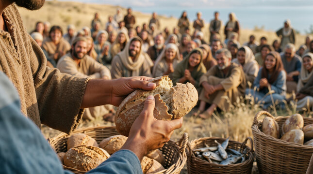 Biblical miracle of the feeding of the five thousand. Hands breaking bread and fish for a grateful crowd. Ancient religious story