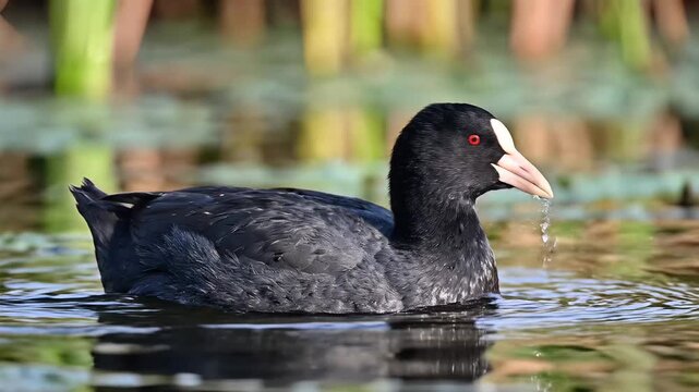 Closeup of a black coot bird swimming in calm water with reeds in the background.