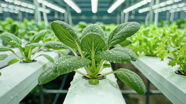 Hydroponic Farm Cultivating Fresh Green Vegetables Under Artificial Lights.