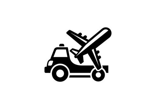 Black silhouette icon of airport tug towing airplane, logistics and ground handling, travel support, logistics services