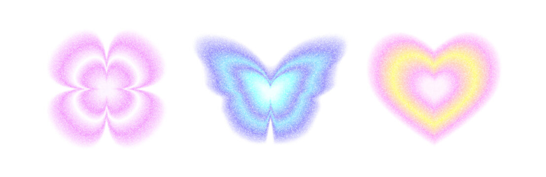 Gradient butterfly, flower and heart shapes with grain texture, soft blur and subtle dots in trendy Y2K style. Pastel colors with minimal decorative design.